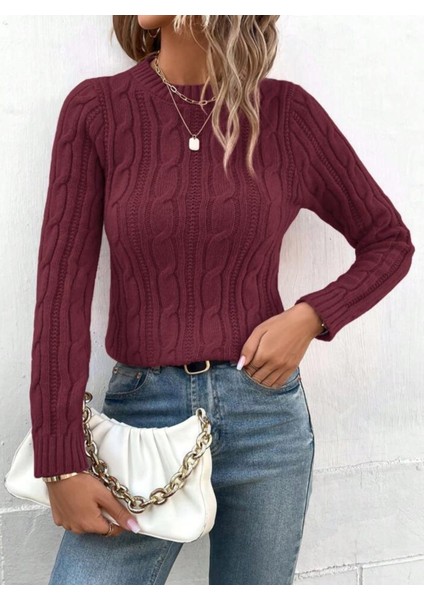 Bisiklet Yaka Saç Örgü Desen Kadın Triko Kazak