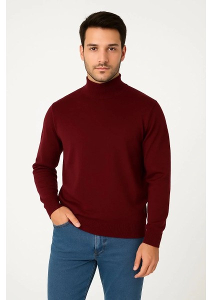Erkek Yarım Boğaz Triko Kazak Yumuşak Dokulu Pamuklu Ince Dokuma, Uzun Kollu Rahat Regular Kalıp - Bordo