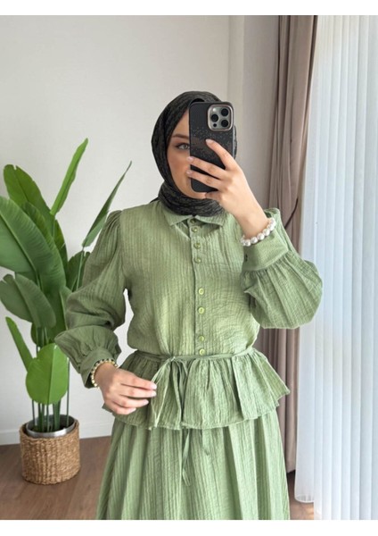 Kadın Fırfır Gömlekli Etekli Takım M2512 - Yeşil fırsatları