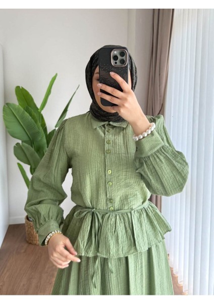 Kadın Fırfır Gömlekli Etekli Takım M2512 - Yeşil indirimleri