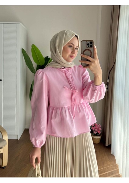 Kadın Balon Kol Etek Üstü Gömlek M1111 - Pembe