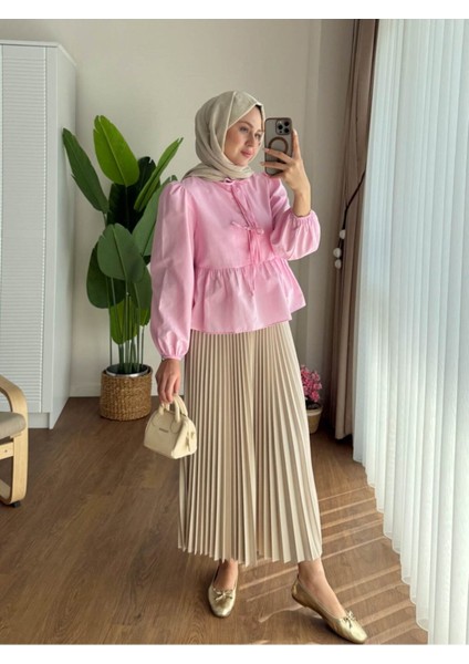 Kadın Balon Kol Etek Üstü Gömlek M1111 - Pembe modelleri