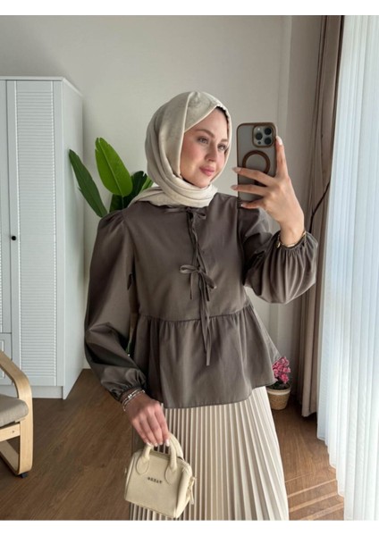 Kadın Balon Kol Etek Üstü Gömlek M1111 - Kahverengi