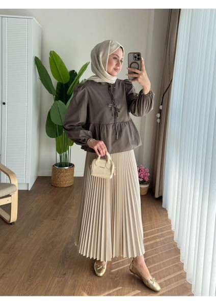 Kadın Balon Kol Etek Üstü Gömlek M1111 - Kahverengi fiyatları