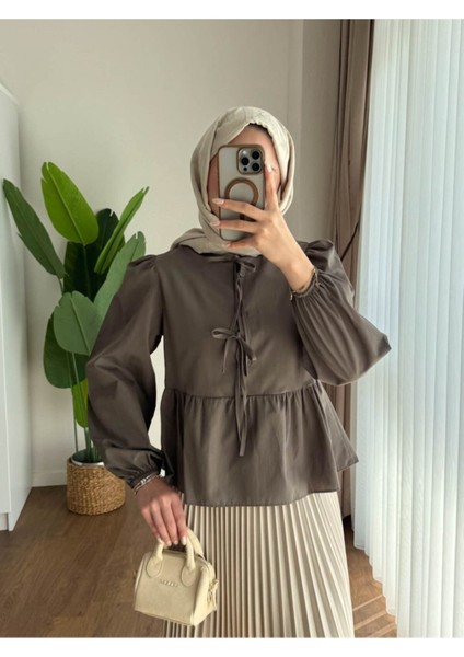 Kadın Balon Kol Etek Üstü Gömlek M1111 - Kahverengi modelleri