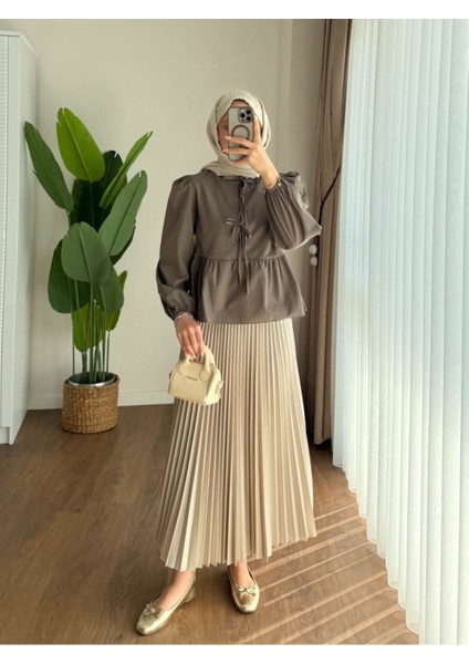 Kadın Balon Kol Etek Üstü Gömlek M1111 - Kahverengi fırsatları