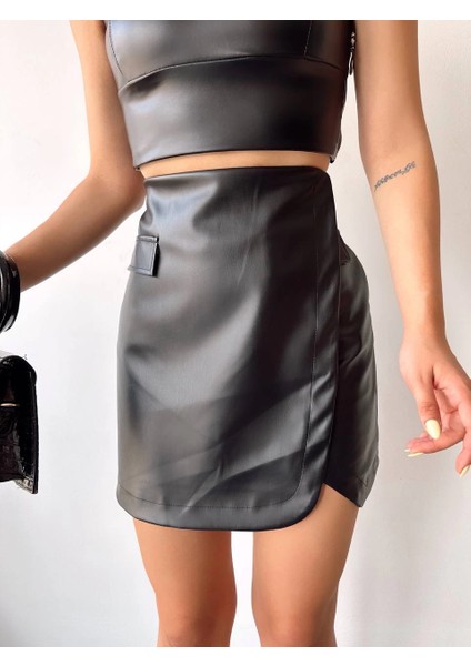 Drnds Cep Detaylı Oval Kapaklı Deri Etek Siyah H240048 (Beden: S)
