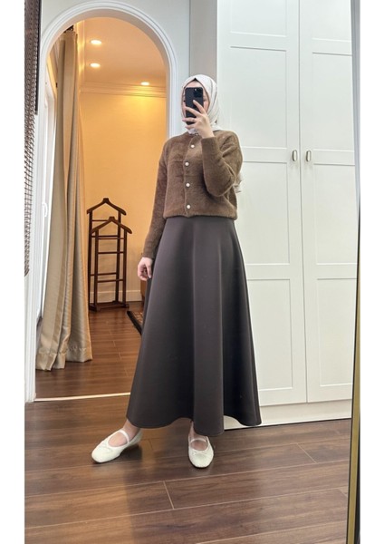 Kadın Beli Lastikli Scuba Kloş Etek M7056 - Kahverengi