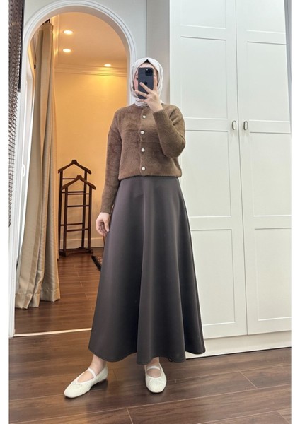 Kadın Beli Lastikli Scuba Kloş Etek M7056 - Kahverengi fiyatları