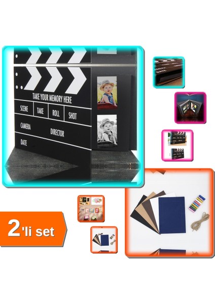 Klaket Fotoğraf Albümü + Ipli Mandallı Fotoğraf Albümü ve Fotoğraf Çerçevesi - 2li Set T7H9H9