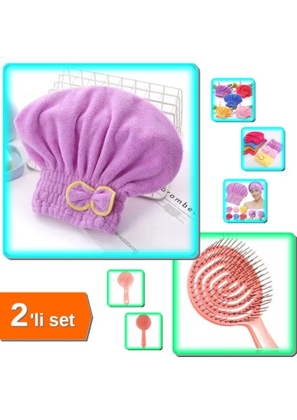 Havlu Saç Kurutma Bonesi + 3 Boyutlu Saç Masaj Fırçası - 2li Set R9W5H6