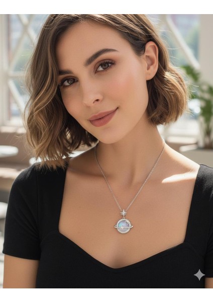 Gezegen Model Gümüş Kaplama Çelik Kolye