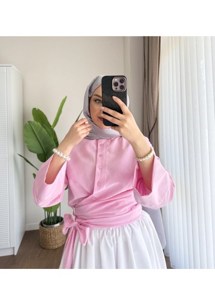 Kadın Bel Bağlamalı Kuşaklı Etek Üstü Gömlek M202 - Pembe