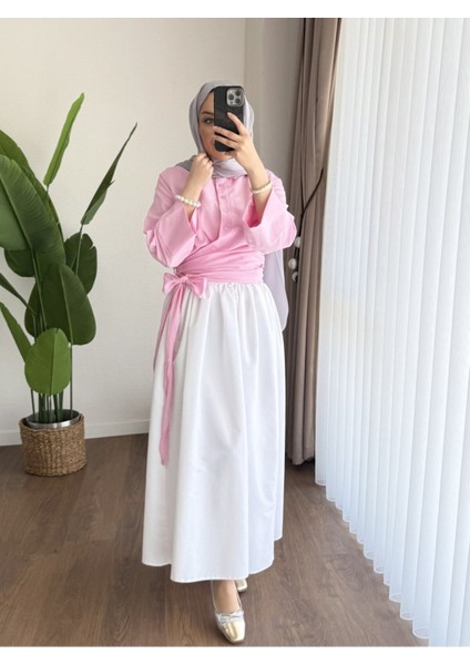 Kadın Bel Bağlamalı Kuşaklı Etek Üstü Gömlek M202 - Pembe fiyatları