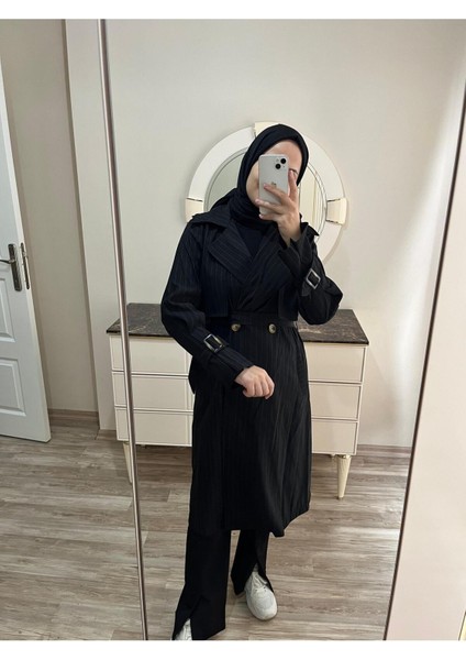 Kadın Ceket Yaka Kol Detaylı Trençkot Siyah