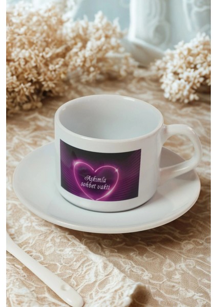 Romantik Tasarım Porselen Kupa – “aşkımla Sohbet Vakti” Baskılı – Hediyelik Kahve Fincanı ve Tabak Seti