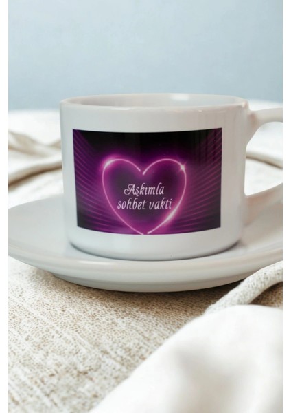 Romantik Tasarım Porselen Kupa – “aşkımla Sohbet Vakti” Baskılı – Hediyelik Kahve Fincanı ve Tabak Seti modelleri