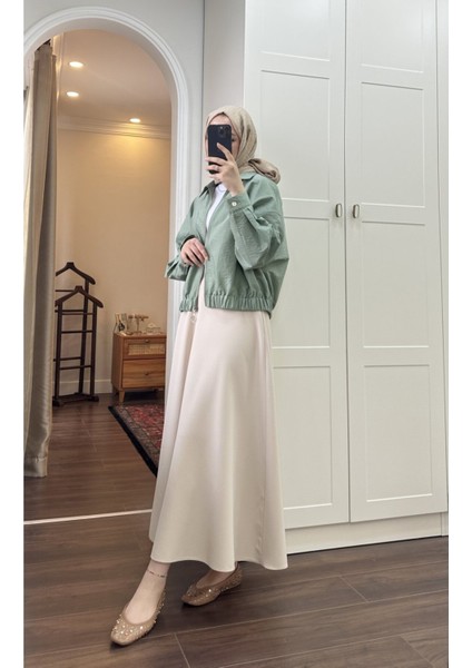 Kadın Beli Lastikli Scuba Kloş Etek M7056 - Bej