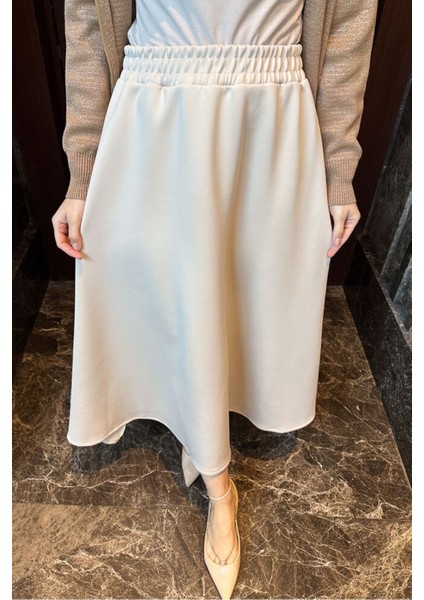 Kadın Beli Lastikli Scuba Kloş Etek M7056 - Bej modelleri