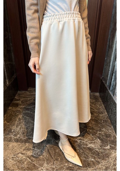 Kadın Beli Lastikli Scuba Kloş Etek M7056 - Bej indirimleri