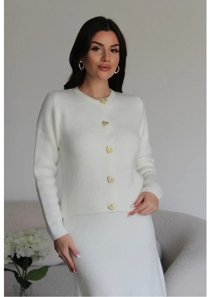 Kadın Gold Kalp Düğme Detaylı Etek Üstü Triko Hırka Tesettür - Ekru fiyatları