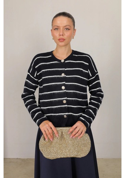 Kadın Etek Üstü Düğme Detaylı Çizgili Triko Hırka Tesettür - Siyah