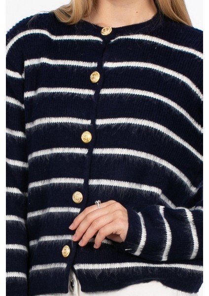 Kadın Etek Üstü Düğme Detaylı Çizgili Triko Hırka Tesettür - Siyah fırsatları