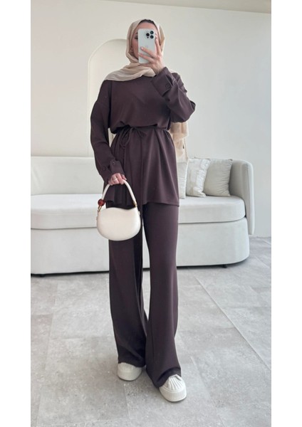 Kadın Düğme Detaylı Seyyar Kuşaklı Ikili Takım M5002 - Kahverengi fiyatları