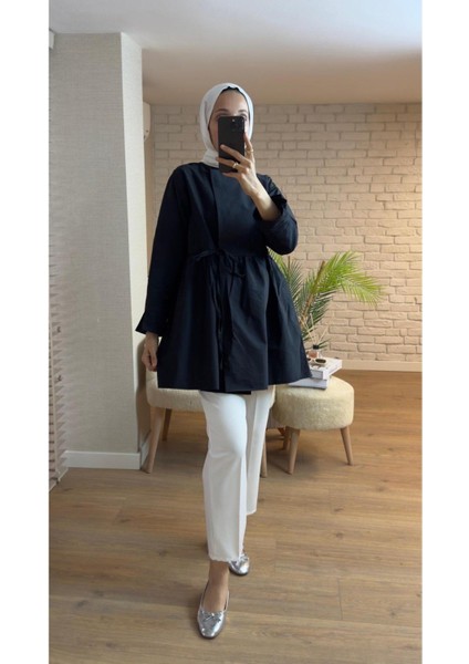 Kadın Yandan Bağlamalı Paraşüt Kumaş Kimono Siyah Tesettür