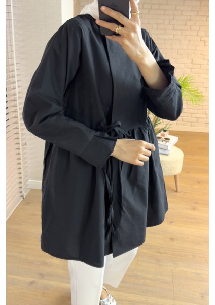 Kadın Yandan Bağlamalı Paraşüt Kumaş Kimono Siyah Tesettür modelleri