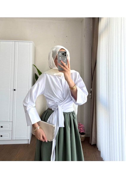 Kadın Bel Bağlamalı Kuşaklı Etek Üstü Gömlek M202 - Beyaz