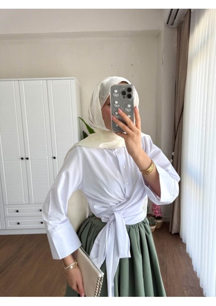 Kadın Bel Bağlamalı Kuşaklı Etek Üstü Gömlek M202 - Beyaz fiyatları