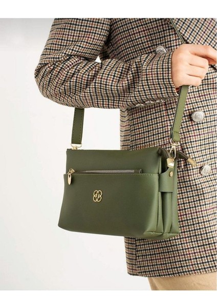 Haki Kadın Minimal El ve Omuz Çantası – Gold Detaylı, 3 Bölmeli