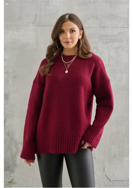 Kadın Bisiklet Yaka Oversize Kazak - Bordo