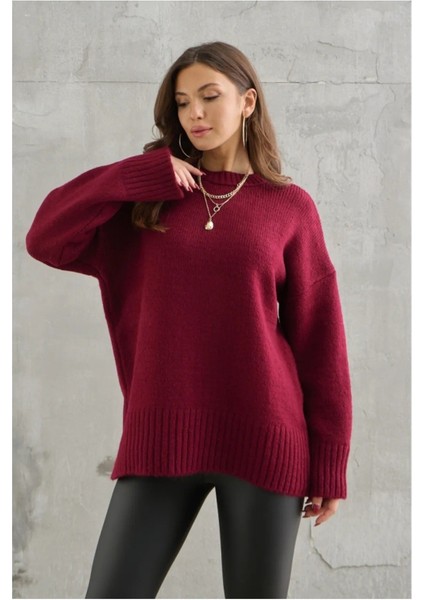 Kadın Bisiklet Yaka Oversize Kazak - Bordo fiyatları