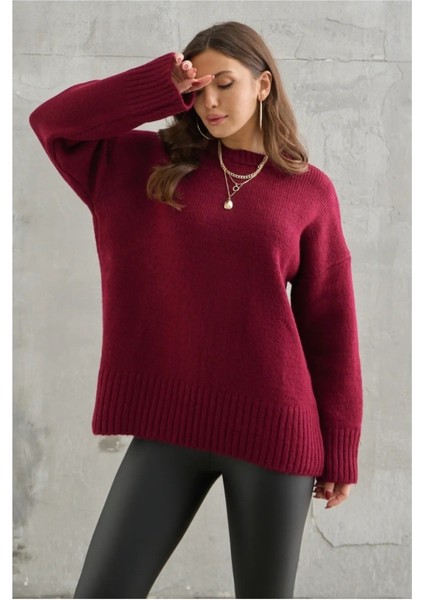 Kadın Bisiklet Yaka Oversize Kazak - Bordo modelleri