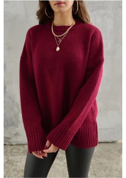 Kadın Bisiklet Yaka Oversize Kazak - Bordo fırsatları