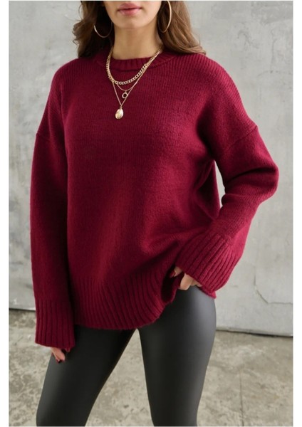 Kadın Bisiklet Yaka Oversize Kazak - Bordo indirimleri