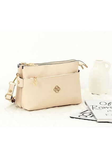 Krem Kadın Minimal El ve Omuz Çantası – Gold Detaylı, 3 Bölmeli fiyatları