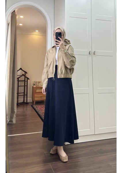 Kadın Beli Lastikli Scuba Kloş Etek M7056 - Lacivert