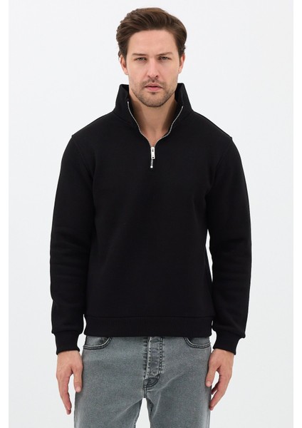 Unisex Regular Fit Pamuklu Dik Yaka Yarım Fermuarlı Sweatshirt Siyah - S