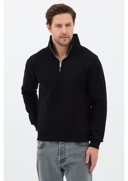 Unisex Regular Fit Pamuklu Dik Yaka Yarım Fermuarlı Sweatshirt Siyah - S fiyatları