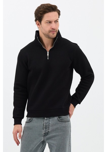 Unisex Regular Fit Pamuklu Dik Yaka Yarım Fermuarlı Sweatshirt Siyah - S modelleri