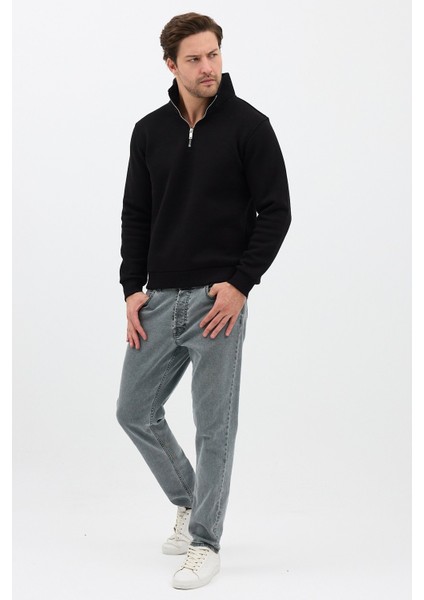 Unisex Regular Fit Pamuklu Dik Yaka Yarım Fermuarlı Sweatshirt Siyah - S indirimleri