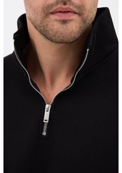 Unisex Regular Fit Pamuklu Dik Yaka Yarım Fermuarlı Sweatshirt Siyah - S