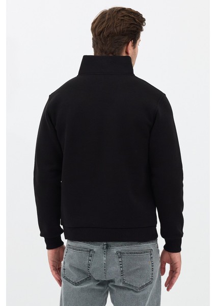 Unisex Regular Fit Pamuklu Dik Yaka Yarım Fermuarlı Sweatshirt Siyah - S
