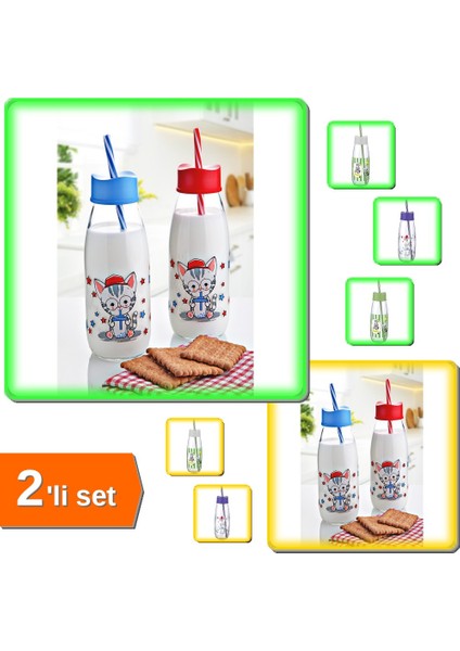 Hayvan Figürlü Pipetli Su ve Süt Şişesi Cam 500 ml + 250 ml - 2li Set P0K5D0