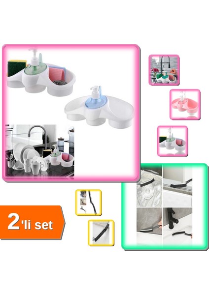 Sünger Hazneli Sıvı Sabunluk Deterjanlık + Detay Ince Kıl Temizlik Fırçası Banyo Mutfak - 2li Set E4