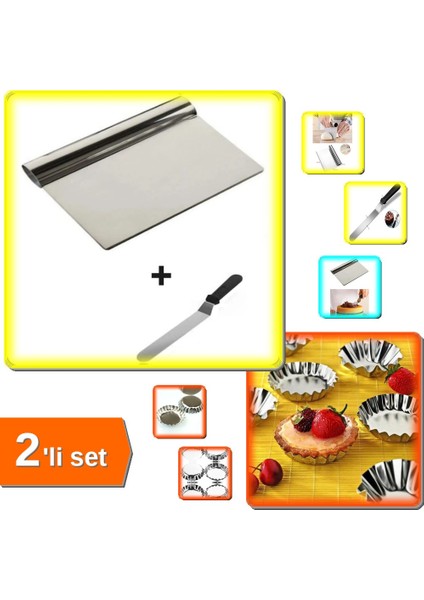 2 Parça Pasta Spatulası + Metal Hamur Kesici + 6 Adet Paslanmaz Kek Kalıbı - 2li Set 3F8R2L