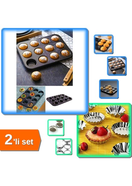 Muffin Kek Kalıbı 12 Bölmeli Metal Yapışmaz + Paslanmaz Çelik Kek Kalıbı 6 Adet - 2li Set V3Y5D6